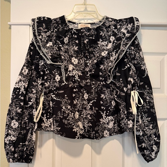 Listicle Tops - Listicle Black and White Floral Ruffle Blouse